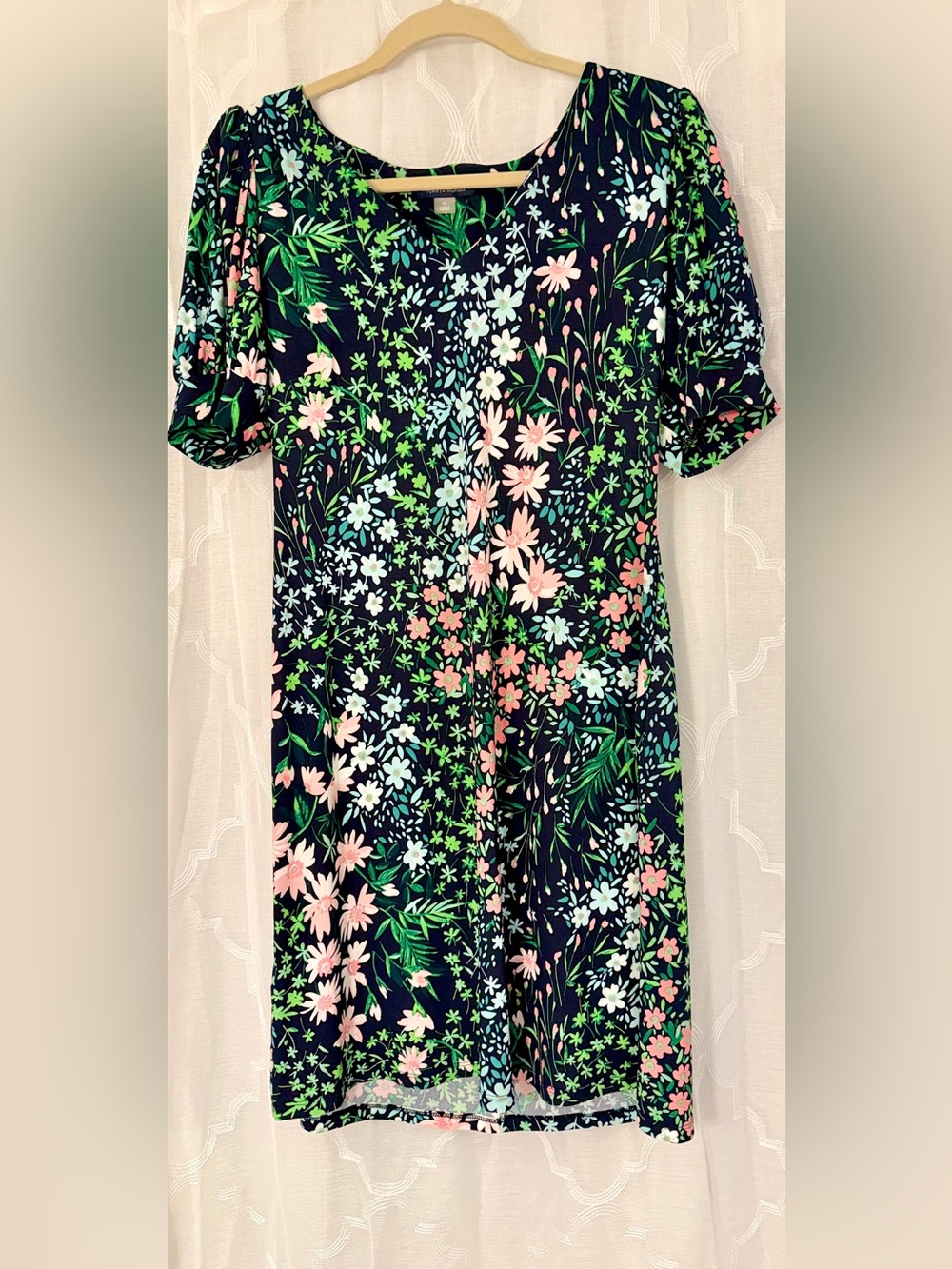 Tommy Hilfiger Navy Floral Puff Sleeve Dress Black Pink Green Size 10